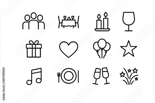 Festive Gathering Icons. Festive gathering. Line icon set of festive gathering: people group, dinner table, candles, wine glass, gift box, heart, balloons,