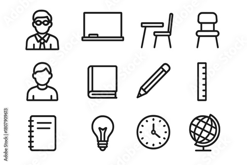 Classroom Icon Set. Classroom Learning. Line icon set of Classroom Learning: teacher, blackboard, desk, chair, student, book, pencil, ruler, notebook, light
