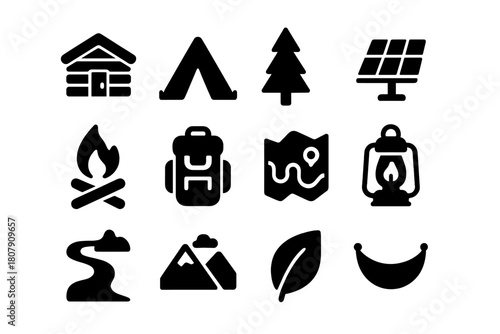 Eco-Lodging Icon Set. Eco-lodging. Solid icon set of Eco-lodging: cabin, tent, tree, solar panel, campfire, backpack, map, lantern, river, mountain, leaf,