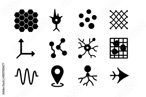 Neural Grid Icons. Grid and place cells. Solid icon set of Grid and place cells: hexagonal grid, neuron spike, firing pattern, entorhinal network, spatial