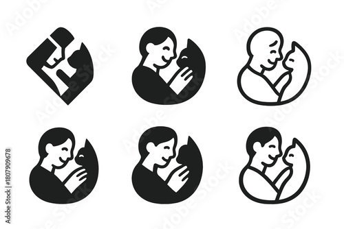 Joyful Pet Logos. joyful pets playing with their owners. Icon set. Set Logo of joyful pets playing with their owners: pet and owner high five. harmonious logo