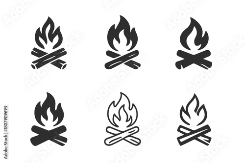 Beach Bonfire Icons. Beach bonfire gatherings. Icon set. Set Logo of Beach bonfire gatherings: Toasting marshmallows. harmonious logo variations of the same