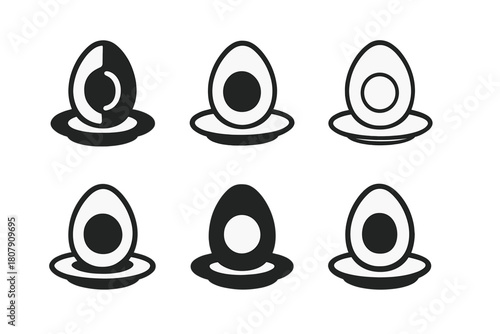 Boiled Egg Icons. Boiled eggs. Icon set. Set Logo of Boiled eggs: Egg on plate. harmonious logo variations of the same emblematic concept, each with different