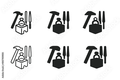 Jewelry Icon Set. Creating jewelry. Icon set. Set Logo of creating jewelry: jeweler?s workbench with tools and ring mold. harmonious logo variations of the