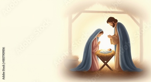 Illustration of the nativity scene with the holy family. Mary and Joseph adoring baby Jesus in a manger. Christian Christmas story background with copy space