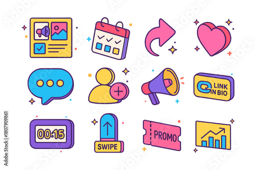 Colorful Social Media Icons. Social media event promotion. Colorful isometric vector icons set of Social media event promotion: campaign storyboard card,