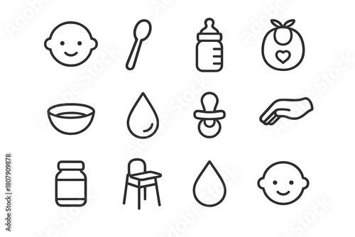 Infant Feeding Icons. Infant Feeding. Line icon set of Infant Feeding: baby, spoon, bottle, bib, bowl, milk drop, pacifier, mother hand, jar, chair, droplet,