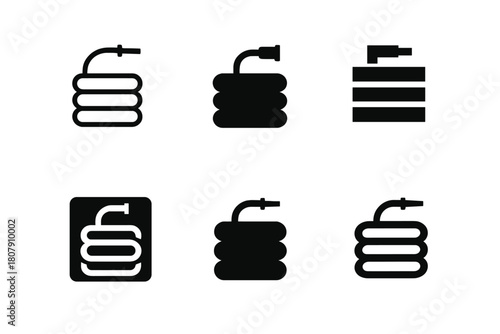 Garden Hose Logos. Hose. Icon set. Set Logo of hose: coiled garden hose. harmonious logo variations of the same emblematic concept, each with different