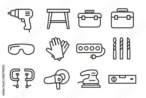 Workshop Equipment Icons. Workshop equipment. Line icon set of Workshop equipment: electric drill, workbench, vise, toolbox, safety goggles, gloves, power