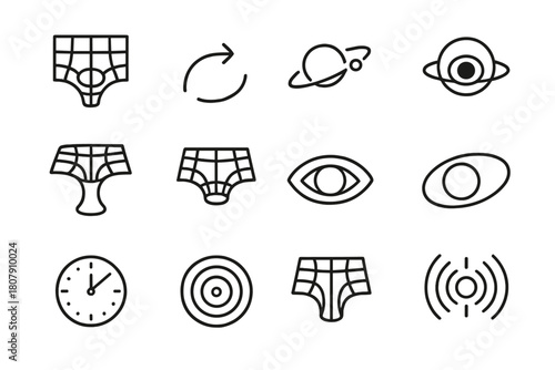 Space-Time Icon Set. Space-time curvature. Line icon set of space-time curvature: gravity grid, curved arrow, planet bending light, black hole, wormhole ring,