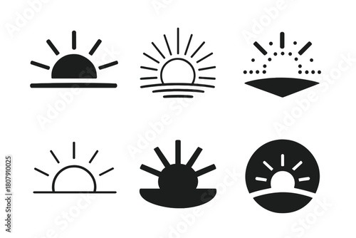 Sunrise Logo Variations. Bright light in dark. Icon set. Set Logo of bright light in dark: sunrise over horizon. harmonious logo variations of the same