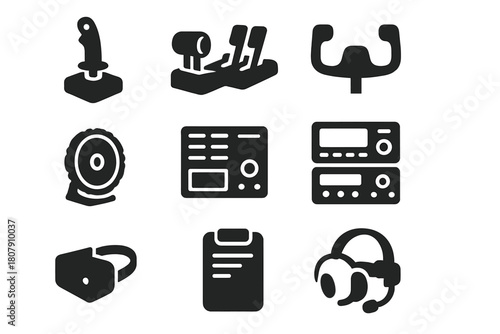 Flight Simulator Icons. Flight Sim Gear. Solid icon set of Flight Sim Gear: joystick, throttle quadrant, rudder pedals, yoke, trim wheel, switch panel, radio