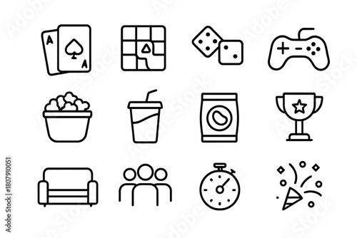 Game Night Icons. Game night. Line icon set of game night: playing cards, board game, dice, joystick, popcorn bowl, soda cup, chips bag, trophy, timer, couch,