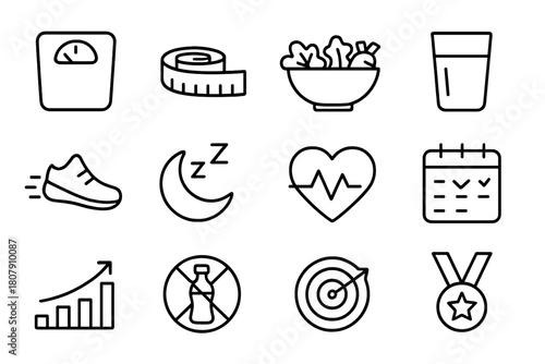 Weight Loss Icons. Weight loss motivation quotes. Line icon set of weight loss motivation quotes: scale, tape measure, salad bowl, water glass, steps icon,