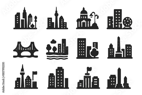 City Skyline Icons. City skylines. Solid icon set of City skylines: tall buildings, tower, dome, bridge, street lights, park, riverbank, apartment block,