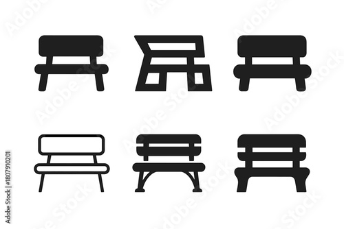 Empty Bench Logos. Empty bench. Icon set. Set Logo of empty bench: street furniture. harmonious logo variations of the same emblematic concept, each with