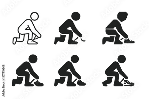 Jogging Shoe Logos. Tying shoelaces before jogging. Icon set. Set Logo of Tying shoelaces before jogging: Running shoe. harmonious logo variations of the same