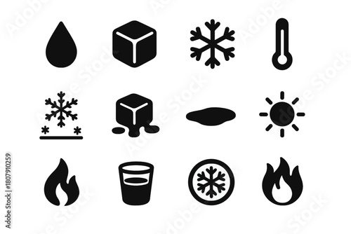 Liquid to Solid Icons. Liquid to solid. Solid icon set of Liquid to solid: water droplet, ice cube, snowflake, thermometer, snow, melting ice, puddle, sun,