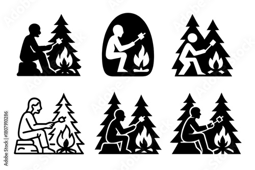 Campfire Marshmallow Logos. A person sitting by a campfire in the woods, roasting marshmallows and telling stories. Icon set. Set Logo of A person sitting by a