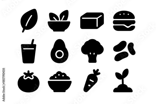 Plant-Based Food Icons. Plant-based food. Solid icon set of Plant-based food: leaf, salad bowl, tofu block, veggie burger, smoothie glass, avocado, broccoli,