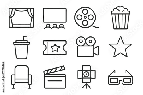 Cinema Line Icons. Cinema experience. Line icon set of cinema experience: curtain, screen, film reel, popcorn, soda cup, ticket, movie camera, star, chair,