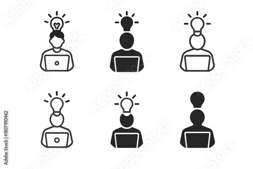 Creative Logo Variations. creativity online. Icon set. Set Logo of creativity online: person brainstorming on laptop. harmonious logo variations of the same