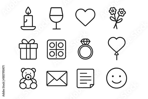 Romantic Evening Icons. Romantic evening. Line icon set of Romantic evening: candle, wine glass, heart, flowers, gift box, chocolates, ring, balloon, teddy