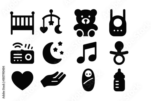 Baby Sleep Icons. White noise for babies. Solid icon set of White noise for babies: crib, baby mobile, teddy bear, sleep monitor, sound machine, moon, lullaby