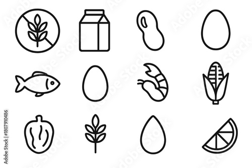 Allergen-Free Icon Set. Allergen-free ingredients. Line icon set of allergen-free ingredients: wheat-free sign, milk carton, peanut, soy bean, fish, egg,