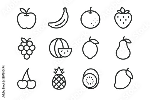Fruit Line Icons. Fruits. Line icon set of Fruits: apple, banana, orange, strawberry, grape, watermelon, lemon, pear, cherry, pineapple, kiwi, mango. All