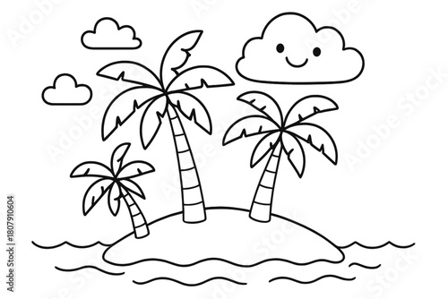 Tropical Island Coloring. Tropical island with palms children?s coloring book illustration, outlined drawing, a small island with three palm trees, gentle