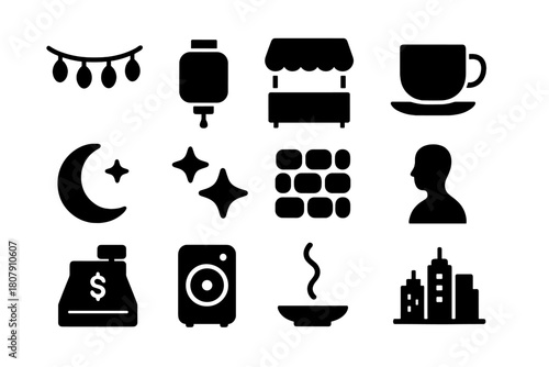 Night Market Icons. Night Market Session. Solid icon set of Night Market Session: string lights, lantern, food stall, coffee cup, crescent moon, stars,