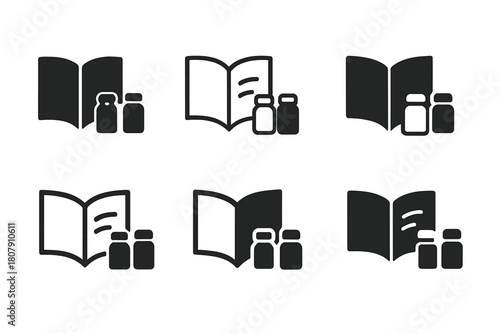 Home Cooking Icons. Home cooking. Icon set. Set Logo of home cooking: open recipe book beside spice jars. harmonious logo variations of the same emblematic