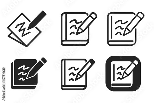 Sketchbook Logo Variations. Sketchbook and pencil on desk. Icon set. Set Logo of sketchbook and pencil on desk: pencil and notebook angled view. harmonious