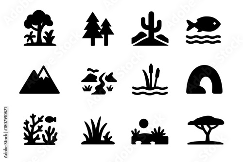 Wildlife Habitat Icons. Wildlife Habitats. Solid icon set of Wildlife Habitats: rainforest, forest, desert, ocean, mountain, river, wetland, cave, coral reef,