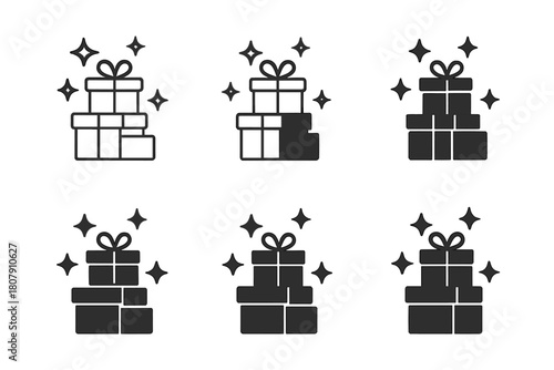 Presents Logo Grid. Presents stacked up. Icon set. Set Logo of Presents stacked up: Sparkles. harmonious logo variations of the same emblematic concept