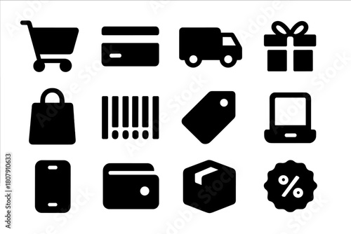 Webshop Icon Set. Webshop. Solid icon set of Webshop: shopping cart, credit card, delivery truck, gift box, shopping bag, barcode, price tag, laptop,
