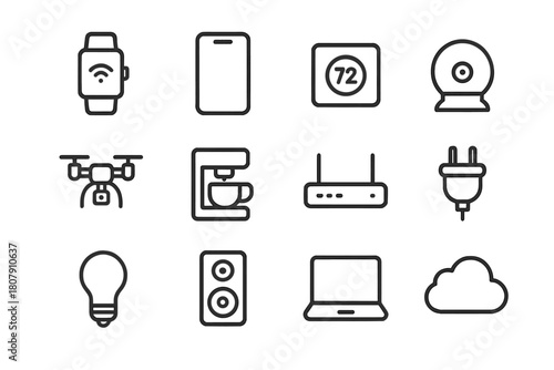 Smart Living Icons. Smart living. Line icon set of smart living: smartwatch, smartphone, thermostat, camera, drone, coffee maker, Wi-Fi router, plug, light