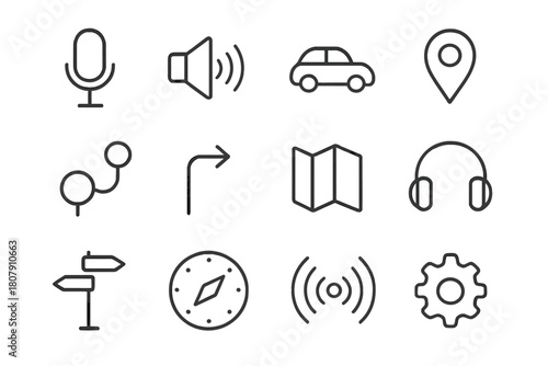Voice Navigation Icons. Voice-guided navigation. Line icon set of Voice-guided navigation: microphone, speaker, car, GPS pin, route line, turn arrow, map,