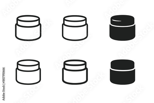 Moisturizer Jar Logos. Moisturizer jar mockup. Icon set. Set Logo of moisturizer jar mockup: jar with SPF sun badge. harmonious logo variations of the same