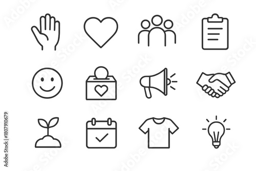 Volunteering Icons Grid. Volunteering. Line icon set of Volunteering: helping hand, heart, people group, clipboard, smiley face, charity box, megaphone,