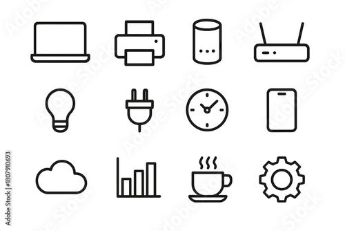 Smart Office Icons. Smart office. Line icon set of smart office: laptop, printer, smart speaker, Wi-Fi router, light bulb, plug, clock, phone, cloud, chart,