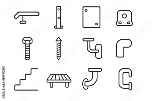 Handrail System Icons. Handrail system. Line icon set of handrail system: handrail, post, glass panel, base plate, bolt, screw, wall bracket, end cap, stair,