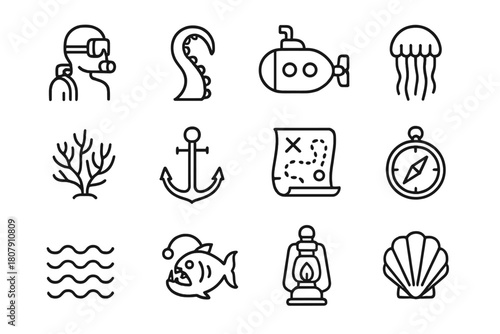 Marine Mystery Icons. Marine mystery. Line icon set of marine mystery: diver, tentacle, submarine, jellyfish, coral, anchor, map, compass, wave, deep fish,