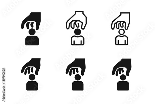 Hostile Takeover Icons. Hostile takeover. Icon set. Set Logo of hostile takeover: grasping hand over a smaller figure. harmonious logo variations of the same