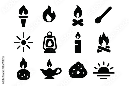 Fire and Light Icons. Fire and Light. Solid icon set of Fire and Light: torch, flame, campfire, matchstick, spark, lantern, candle, bonfire, ember, oil lamp,