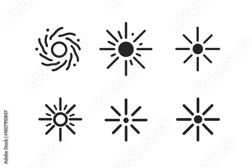 Big Bang Logos. big bang. Icon set. Set Logo of big bang: radiant energy sphere. harmonious logo variations of the same emblematic concept, each with different