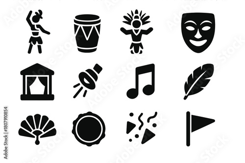Cultural Fest Icons. Cultural fest. Solid icon set of Cultural fest: dancer, drum, costume, mask, stage, spotlight, music note, feather, fan, tambourine,