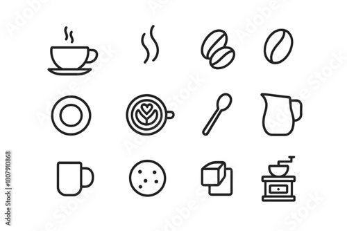 Coffee Icon Collection. Coffee design concepts. Line icon set of coffee design concepts: coffee bean, cup, steam, leaf, grinder, sack, aroma swirl, label tag,