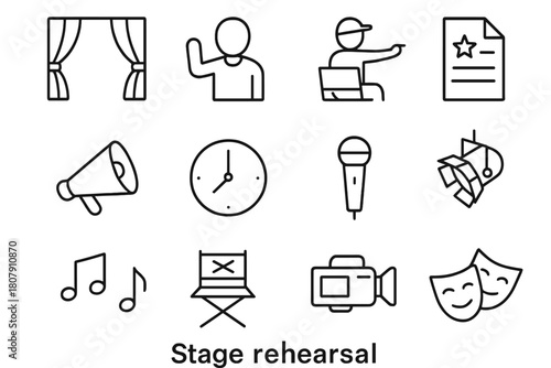 Stage Rehearsal Icons. Stage rehearsal. Line icon set of stage rehearsal: curtain, actor, director, script, megaphone, clock, microphone, spotlight, notes,